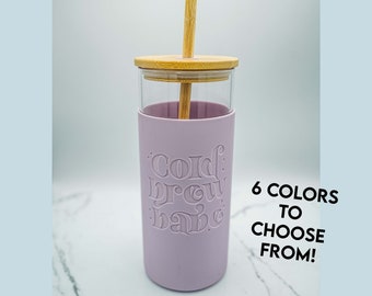 Cold Brew Babe Coffee Glass Tumbler with Engraved Silicone Sleeve, 20 oz Capacity, Bamboo Lid and Straw, Laser Engraved Silicone