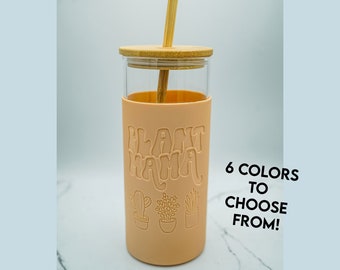 Plant Mama Glass Tumbler with Laser Engraved Silicone Sleeve, 20 oz Capacity, Bamboo Lid and Straw