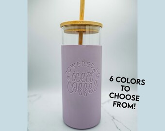 Powered By Iced Coffee Glass Tumbler with Laser Engraved Silicone Sleeve, 20 oz Capacity, Bamboo Lid and Straw, Laser Engraved Silicone