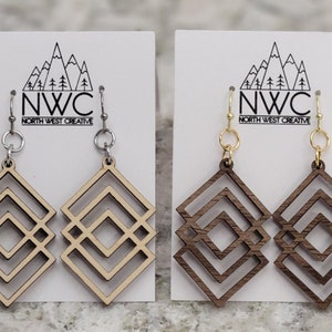 Wooden Triple Diamond Earrings | Laser Cut Diamond Shaped Earrings | Wood Earrings | Geometric Shaped Earrings