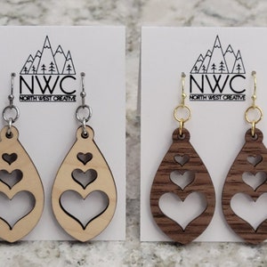 Wooden Triple Heart Teardrop Shaped Earrings | Cute Wood Heart Earrings