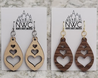 Wooden Triple Heart Teardrop Shaped Earrings | Cute Wood Heart Earrings