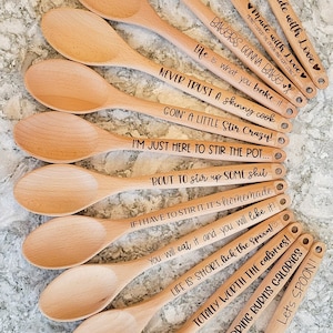 Engraved Wooden Spoons with a Variety of Fun, Snarky, and Creative Sayings, Laser Engraved Beech Wood Spoons, Rounded Bottom Wooden Spoons