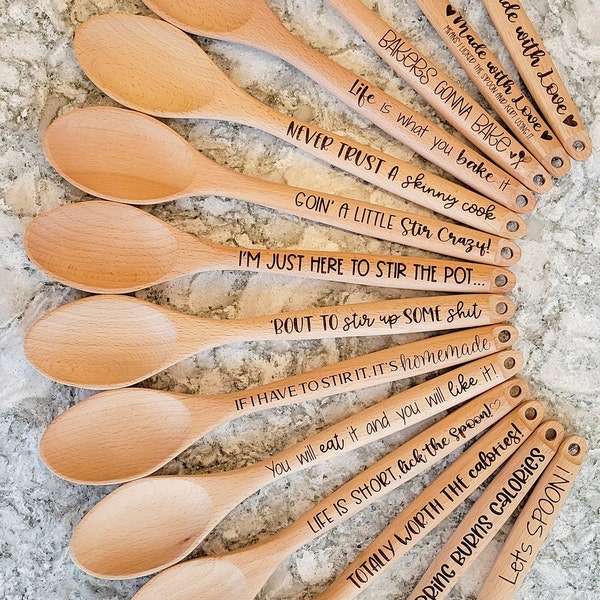 Engraved Wooden Spoons with a Variety of Fun, Snarky, and Creative Sayings, Laser Engraved Beech Wood Spoons, Rounded Bottom Wooden Spoons