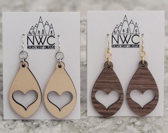 Wooden Single Heart Teardrop Shaped Earrings | Cute Wood Heart Earrings