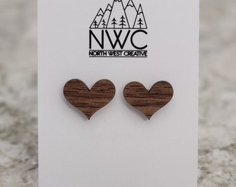Walnut Heart Earrings | Wood Laser Cut Earrings | Walnut Wood Earrings