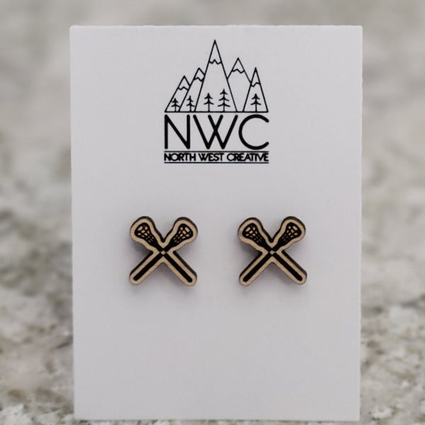Lacrosse Earrings | LAX Earrings | Wood Laser Engraved and Cut Earrings | Maple Wood Earrings