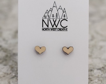 Tiny Maple Heart Stud Earrings | Wood Laser Cut Earrings | Maple Wood Earrings