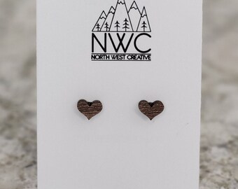 Tiny Walnut Heart Stud Earrings | Wood Laser Cut Earrings | Walnut Wood Earrings