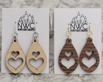 Wooden Double Heart Teardrop Shaped Earrings | Cute Wood Heart Earrings