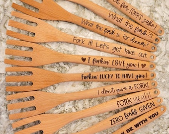 Engraved Wooden Forks with a Variety of Fun, Punny, Snarky, Sayings, Laser Engraved Beech Wood