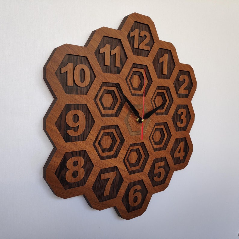 Wooden Wall Clock Modern Wall Clock Hexagonal Design Etsy