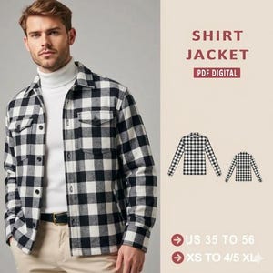 Könnte beinhalten: Eine schwarz-weiß karierte Hemdjacke mit Kragen, Knopfleiste und zwei Brusttaschen. Das Bild enthält den Text SHIRT JACKET PDF DIGITAL sowie die Größenangaben US 35 bis 56 und XS bis 4/5 XL.