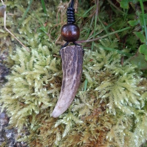 May include: A brown antler pendant with a brown wooden bead on a black cord. The pendant is hanging on a bed of green moss.