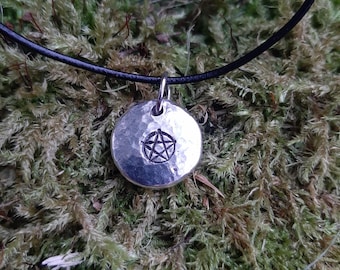 Witch Pentagram Pendant Necklace - Cast and hammered pewter - Small