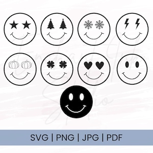 May include: Set of ten black and white smiley face icons with different designs in the eyes. The designs include stars, Christmas trees, snowflakes, lightning bolts, pumpkins, shamrocks, hearts, and circles.