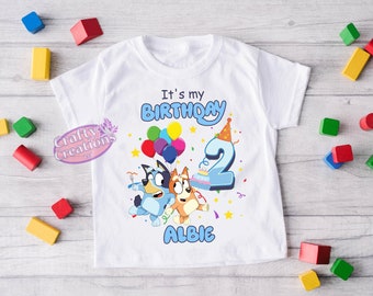 Personalised Bluey Dog& Friend Birthday Celebration T-shirt Boy or Girl