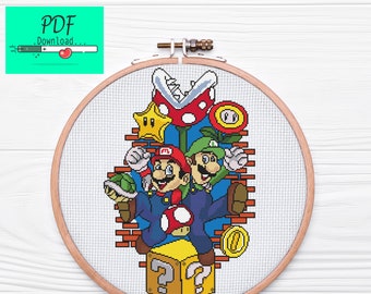 Mario Bros Cross stitch Pattern,  Super Mario Cross stitch Pattern, INSTANT DOWNLOAD, Pdf Pattern, Gift for Him , Wall Decor for Kids Room