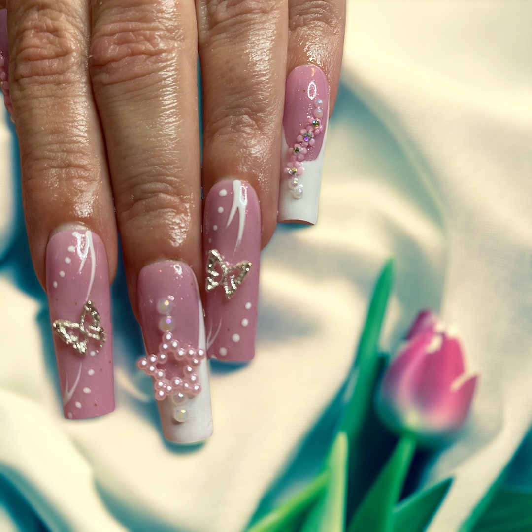 Glitter Pink French Tip Butterfly Nails - Etsy