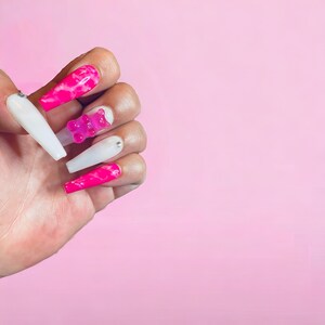 Gummy Bear Neon pink with milk white Press On Nails