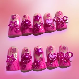 Hot pink kawaii  press on nails