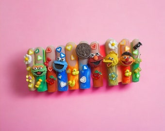 Kawaii Sesame Steet colorful rainbow junk press on nails