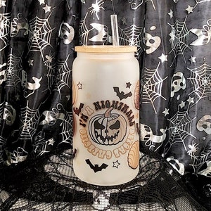 Halloween Pumpkin and Conchas Frosted Glass Can/I&#39;m a Nightmare Before Cafecito/Iced Coffee Cup/Libbey Glass