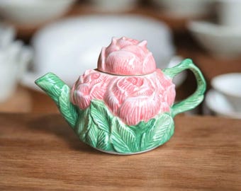 CIC Peggy Jo Ackley Pink Roses with Green Leaves Teapot Vintage 1990s