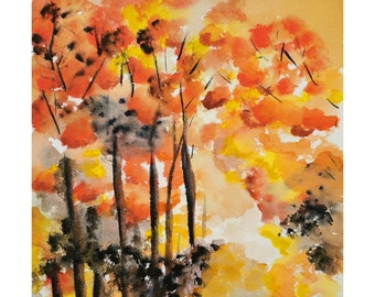 Painting AQUARELLE landscape forest original piece : Autumn walk