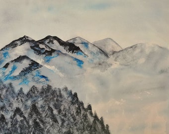 Painting AQUARELLE landscape original piece : WINTER