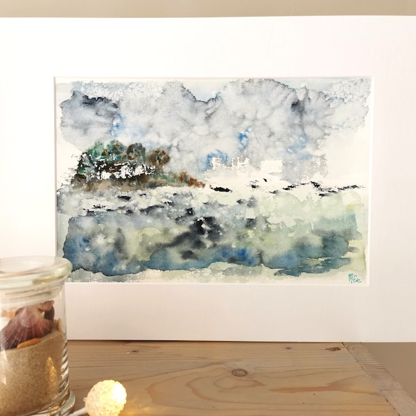 Peinture AQUARELLE abstraite paysage marine pièce originale : Au bord de l'eau #3