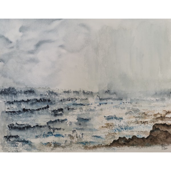 Peinture AQUARELLE paysage marine pièce originale : Pluie en mer