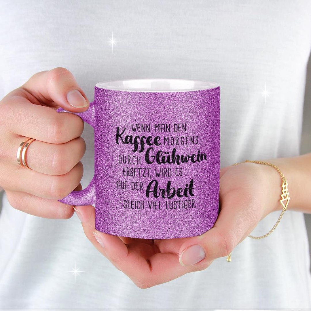 Glitzertasse mit Spruch Kaffee durch Glühwein ersetzen WeihnachtsTasse