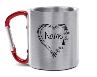 Karabiner Tasse aus Edelstahl personalisiert mit Name | Camping Herz | Camper | Outdoor | Reisen | Geschenkidee | Geburtstag