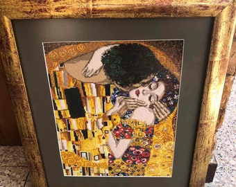 Handmade Embroidery by painting of Gustav Klimt "The Kiss". Art deco. Wall hanging. Birthday present. Anniversary. Painting