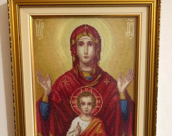 Handmade embroidery! Icon of St. Mary. Art deco. Birthday Present. Wall hanging. Church. 15 August. Angel's day
