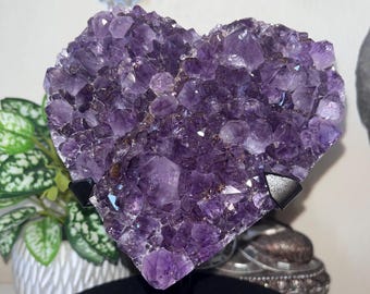 May include: A heart-shaped amethyst crystal cluster, mounted on a black metal stand. The deep purple crystal is composed of numerous small, sparkling points. A small charm hangs above the crystal. The background includes a potted plant and decorative objects.