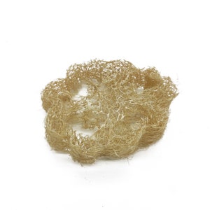 May include: A natural loofah sponge, a dried and cleaned vegetable fibre, is a light brown colour and has a textured, woven appearance.