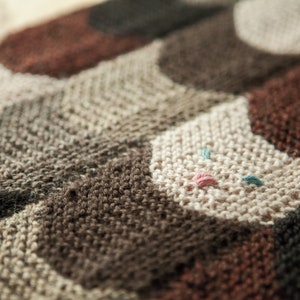 May include: Close-up of a knitted blanket with a chevron pattern in shades of brown, beige, and white. The blanket is made with a variety of yarn textures and colors, creating a unique and interesting design.