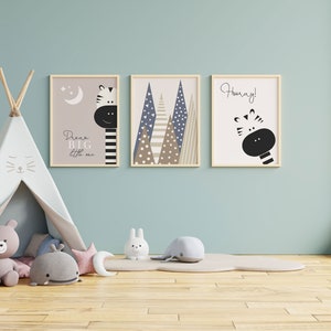 Set of 3 digital print neutral color funny zebra and mountains, baby rooms, nursery and baby shower gifts