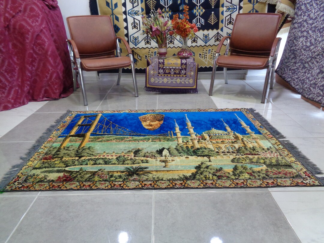 Blue Vintage Wall Rug, Wall Hangings Rug, Mustafa Kemal Atatürk Rug