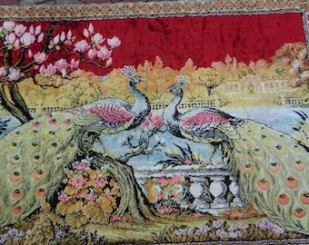 Tapis mural vintage sur le thème des paons jumeaux, 5,6 x 3,9 pi, art de tapis mural animalier, tapisserie de velours, tapis suspendu au mur pour les amoureux des animaux L11