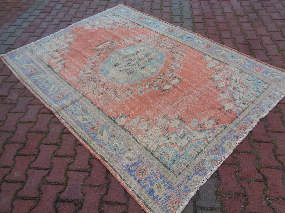 Large Faded Rugs 100'' X 73'' Shades of Faded Coral Red Oversize Vintage Rug, Distressed ...