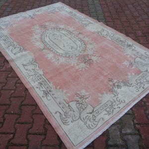 111&#39;&#39; x 70&#39;&#39; Pink & Cream Oversize Vintage Rug, Hand Knotted Family Room Rug, Large Turkish Carpet, Boho Farm House Decor, Cottage Rug 2681