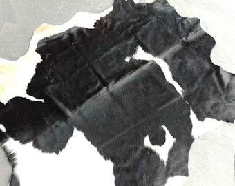 4.59 x 5.84 Ft Genuine Organic Cowhide Rug , One of a Kind deep jet black,  charcoal undertones, soft natural white accents  Animal Skin IST