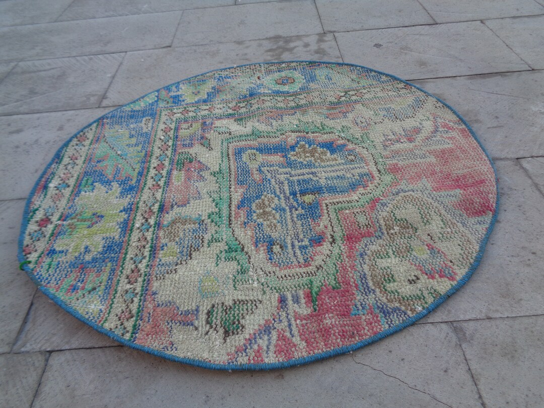 Green Circle Rug Tiny Round Rug Vintage Circular Carpet Etsy