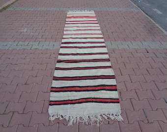 Kilim Staircase Runner, Striped Hallway Kilim Runner, Long Runner Rug, Vintage Rug For Stairs, Stair Treads Carpet 11.3x2.8 Kitchen Rug V655