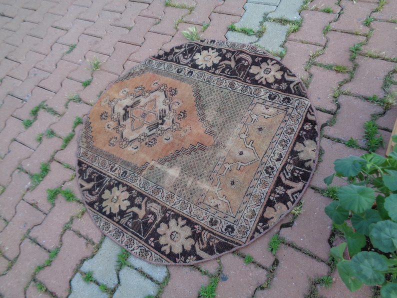 Tile Inlay Rug Round Vintage Circle Rug, Tile Round Rug, Brown Circle Carpet, Boho Kitchen ...