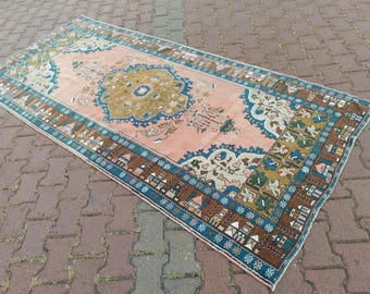 100 x 230 cm Teppich in Antik-Rosentönen & olivgrüner Vintage-Teppich für Wohnzimmer, Ankleidezimmerteppich, rutschfester türkischer Küchenteppich, 1303