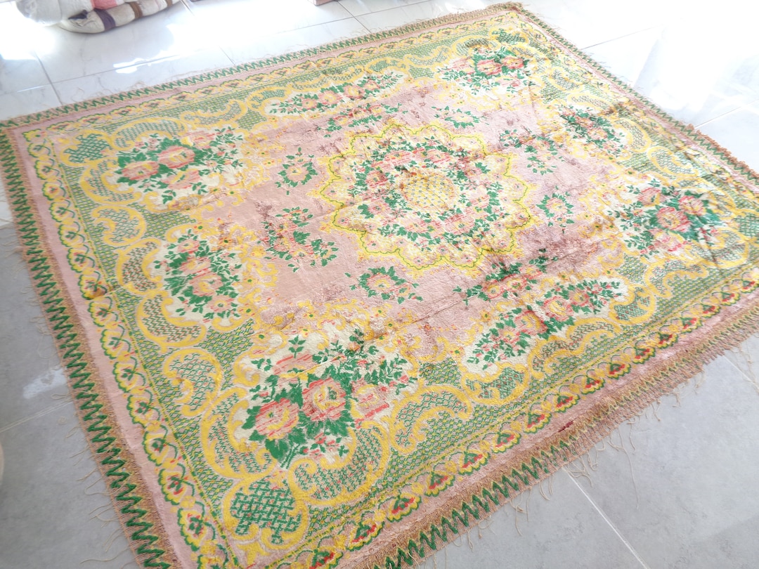 Vintage Velvet Bedspread Pinkgreen Table Cover Rustic Bed Etsy UK